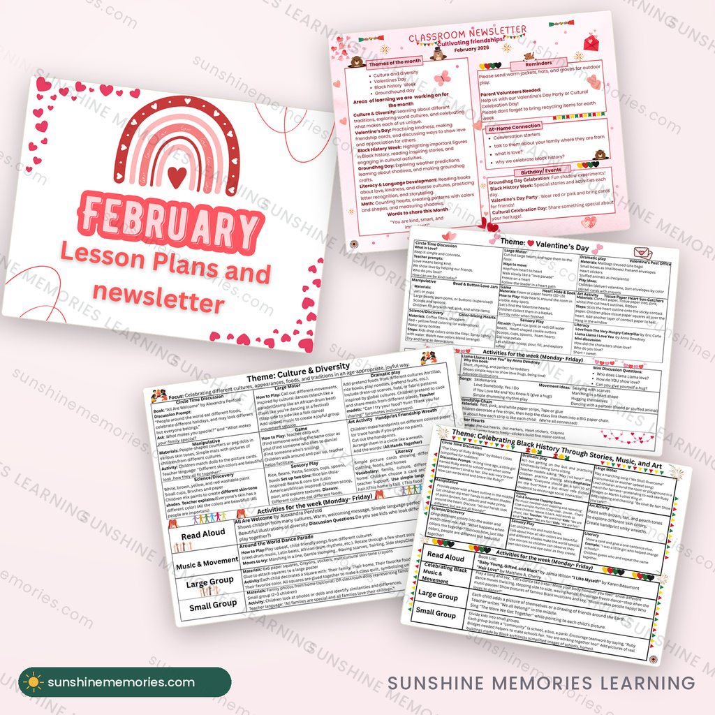 February Lesson Plans & Newsletter: cover and sample pages