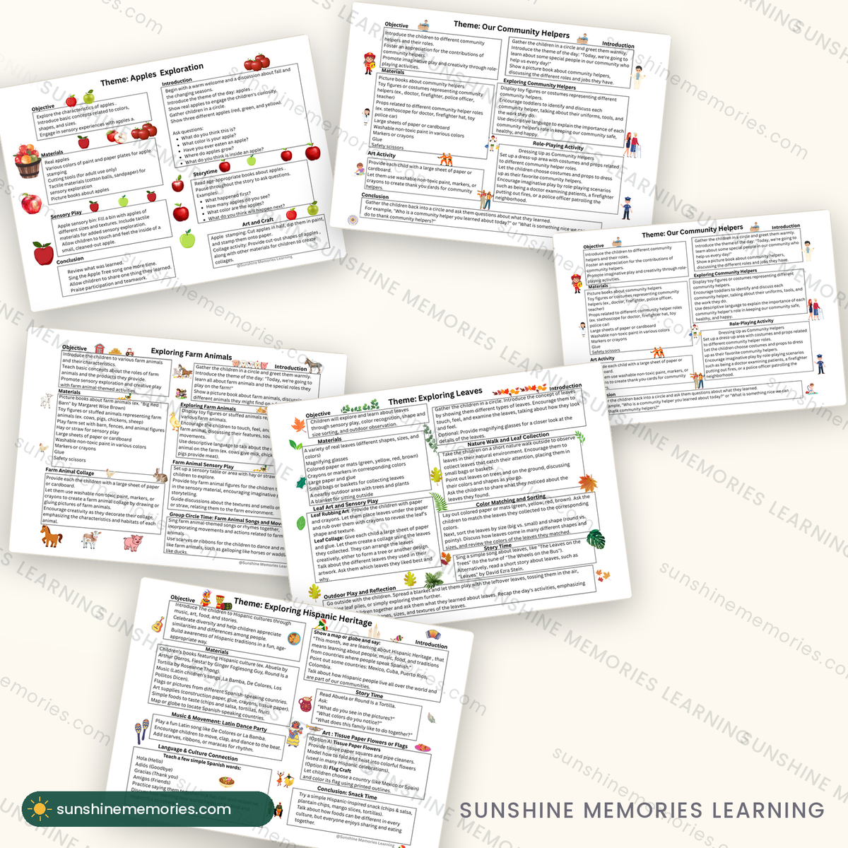 Inside the September pack: apples, leaves, trees, farm animals and community helpers lesson pages
