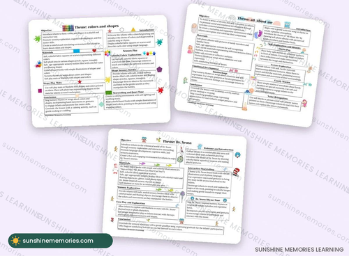 52-Week Infant Curriculum sample pages: colors and shapes, all about me, Dr. Seuss