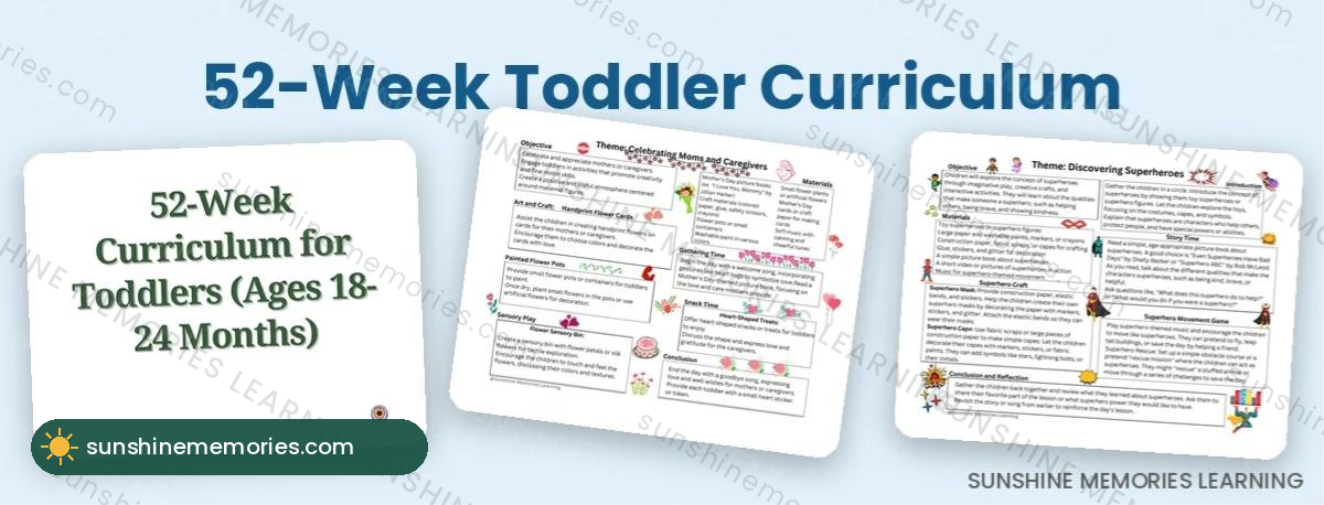 Toddler curriculum sample pages: Mother's Day and superheroes weeks