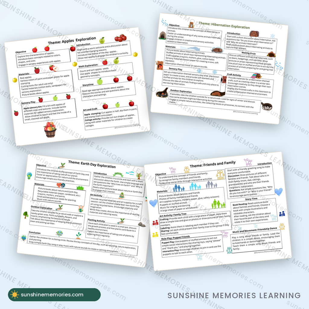 Preschool curriculum sample pages: objectives, materials and hands-on activities