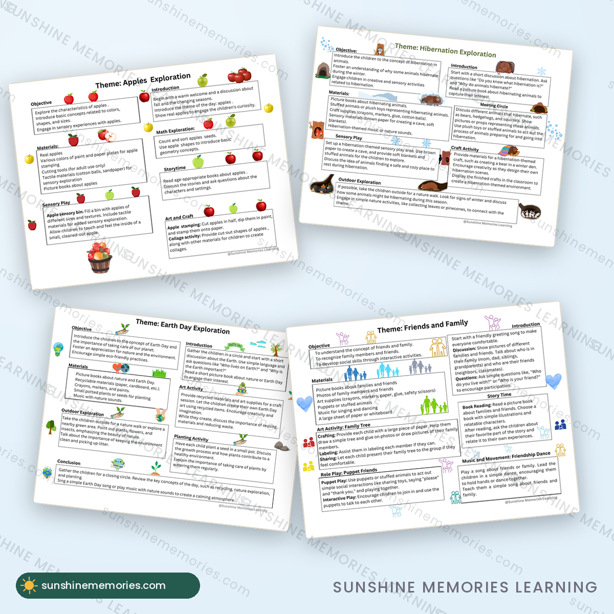Preschool curriculum sample pages: objectives, materials and hands-on activities
