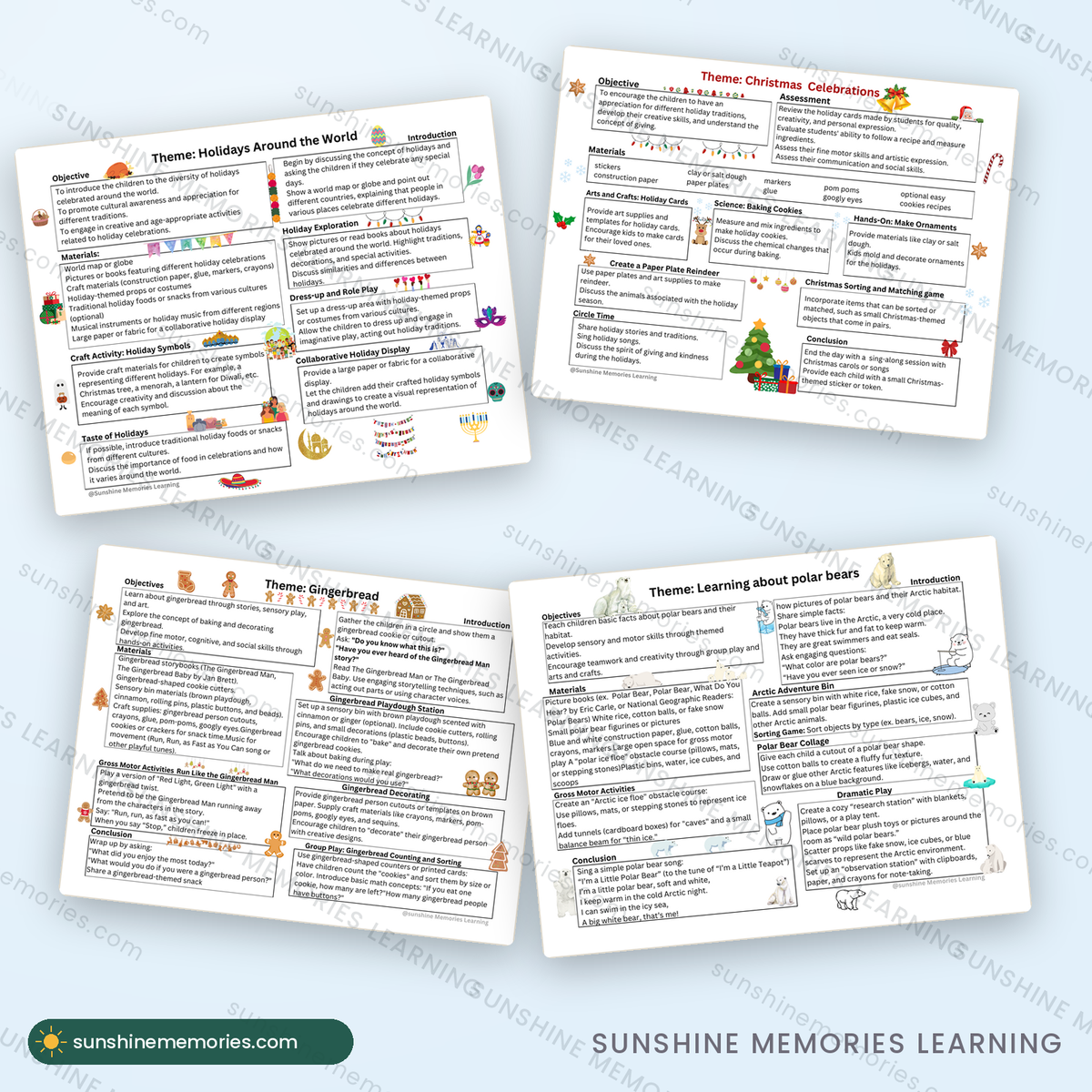 December lesson pages with crafts, songs and sensory play