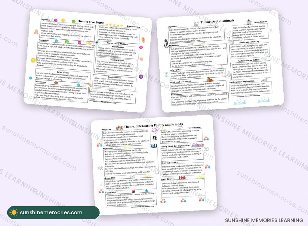 52-Week Infant Curriculum sample pages: five senses, arctic animals, family and friends