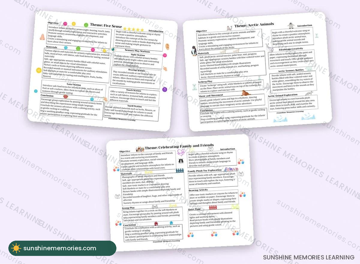 52-Week Infant Curriculum sample pages: five senses, arctic animals, family and friends