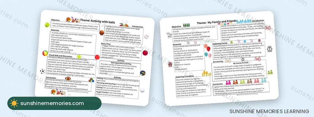 Toddler curriculum sample pages: activity with balls, family and friends