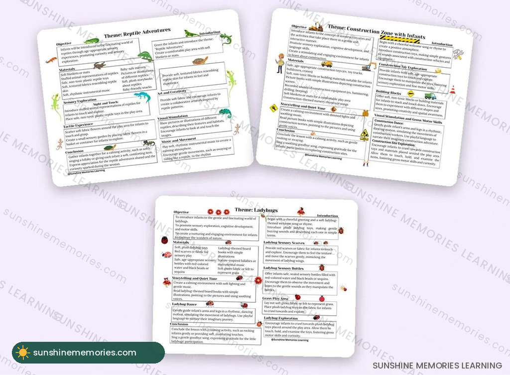 52-Week Infant Curriculum sample pages: reptiles, construction zone, ladybugs