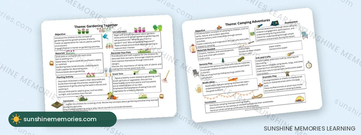 Toddler curriculum sample pages: gardening together, camping adventures