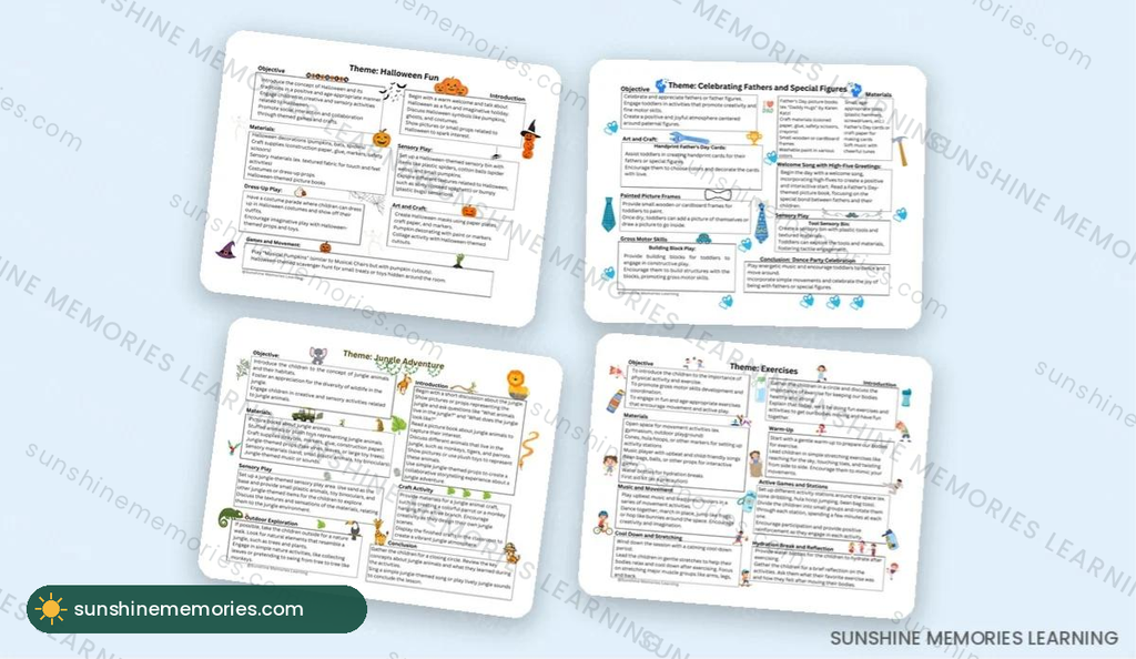Toddler curriculum sample pages: Halloween, Father's Day, jungle adventure, exercises