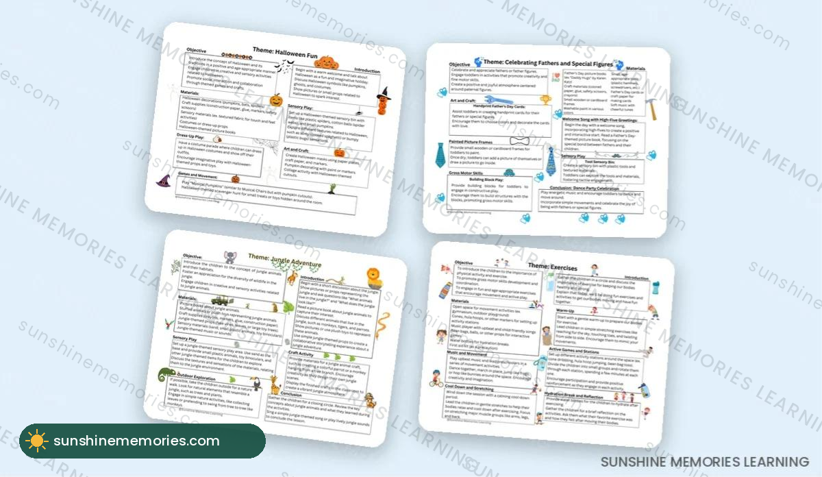 Toddler curriculum sample pages: Halloween, Father's Day, jungle adventure, exercises