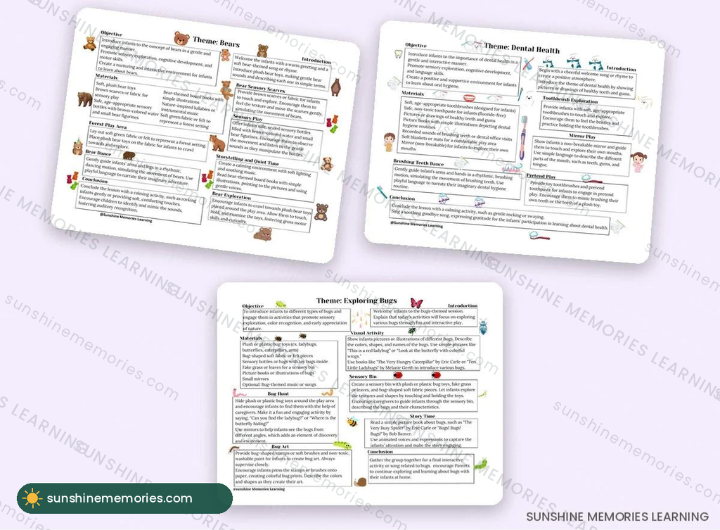52-Week Infant Curriculum sample pages: bears, dental health, exploring bugs