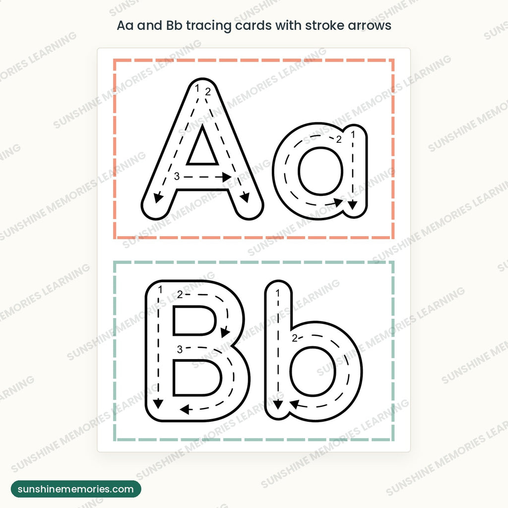 Aa and Bb tracing cards with numbered stroke arrows