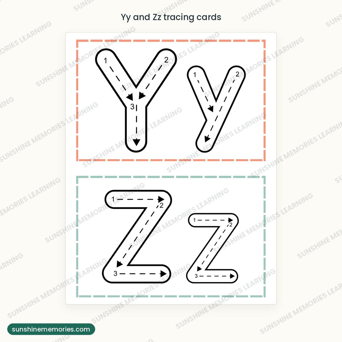 Yy and Zz letter tracing cards