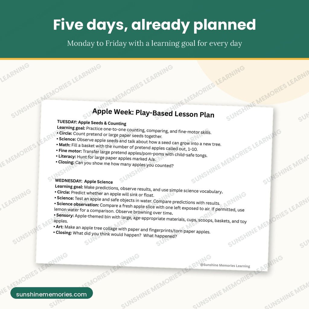 The five day Apple Week lesson plan, showing Tuesday counting and Wednesday science