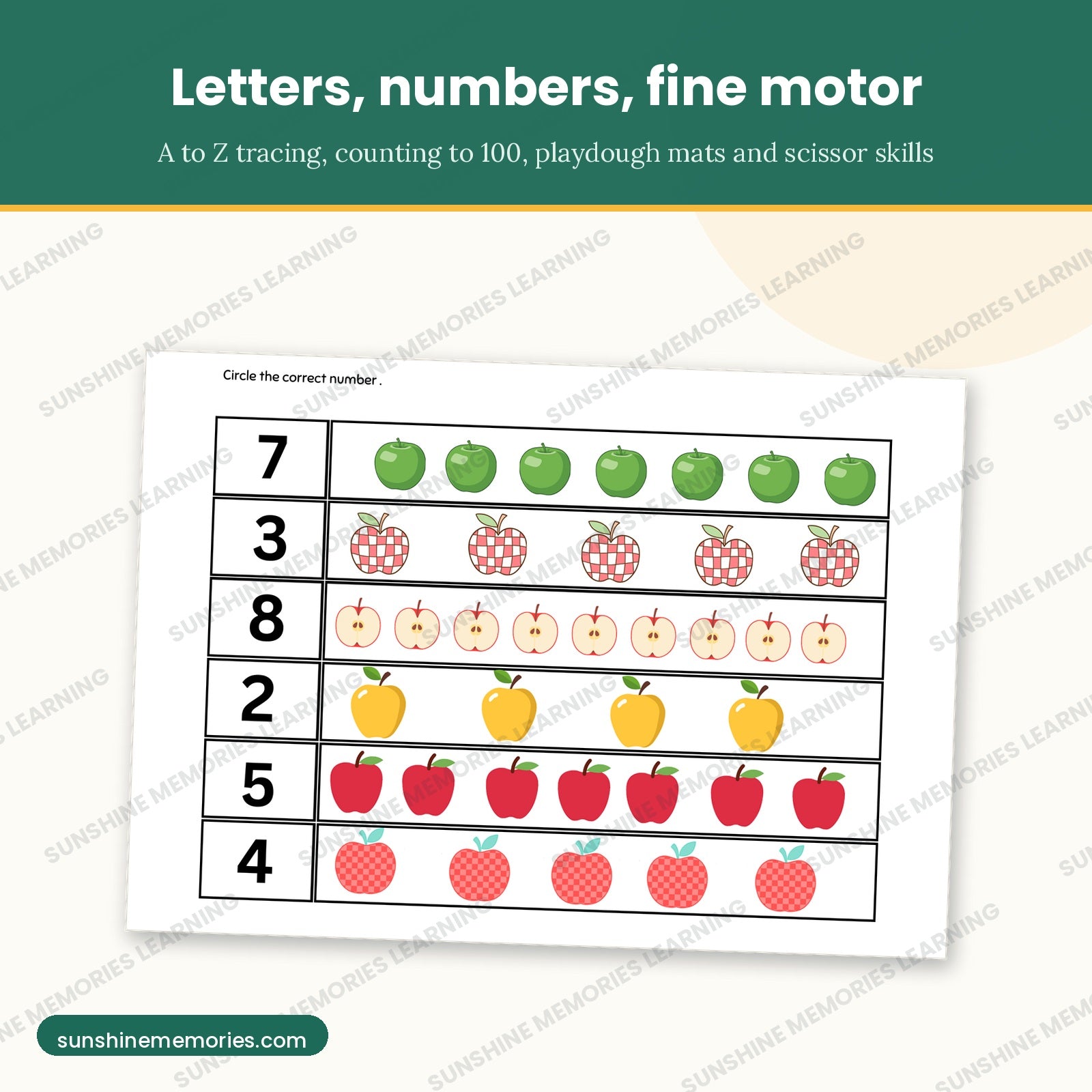 Circle the correct number apple counting page from the printable set