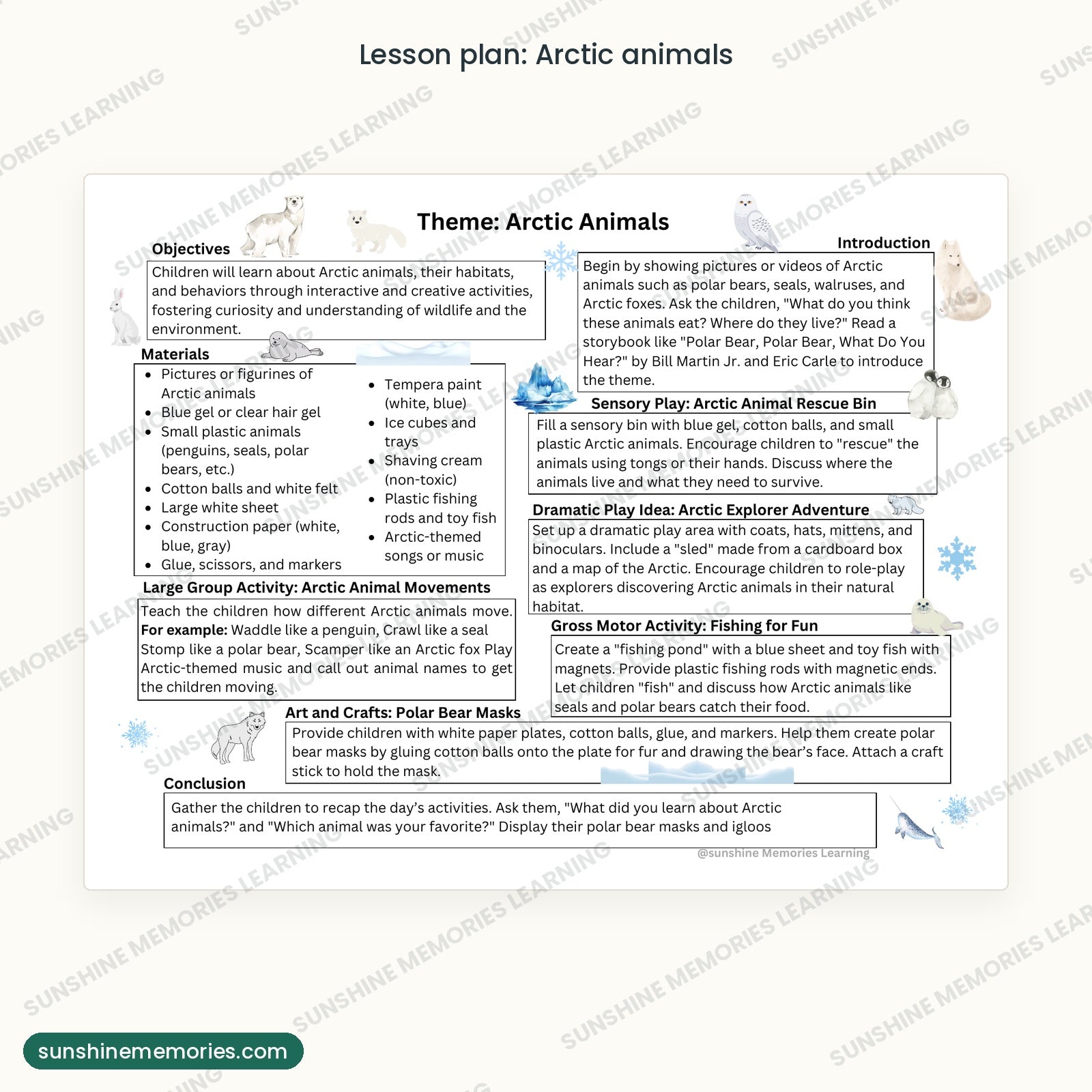 Arctic animals lesson plan page with objectives, materials and activities