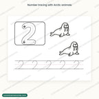 Number tracing page illustrated with Arctic animals