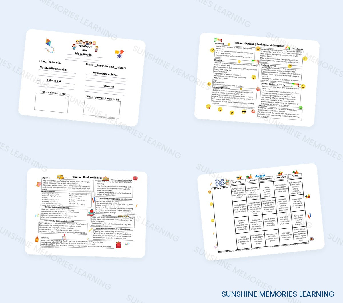 Weekly meal planning chart sample page, CACFP-friendly
