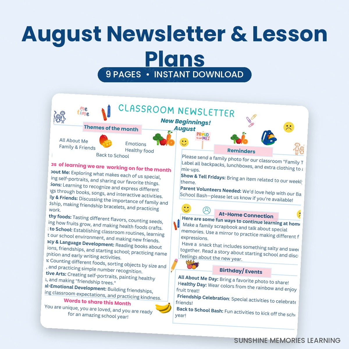 Included in the bundle: August Newsletter and Lesson Plans