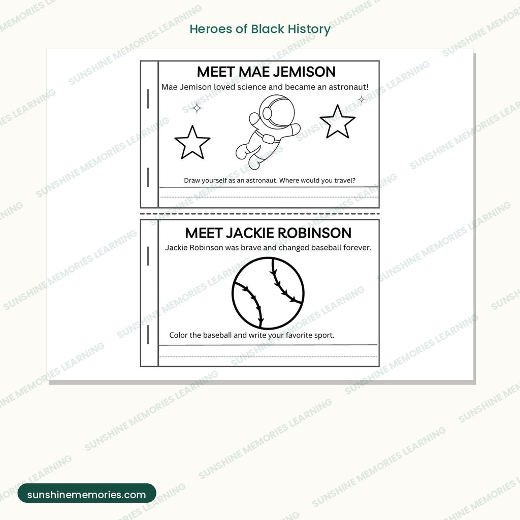 Heroes of Black History pages featuring Mae Jemison and Jackie Robinson