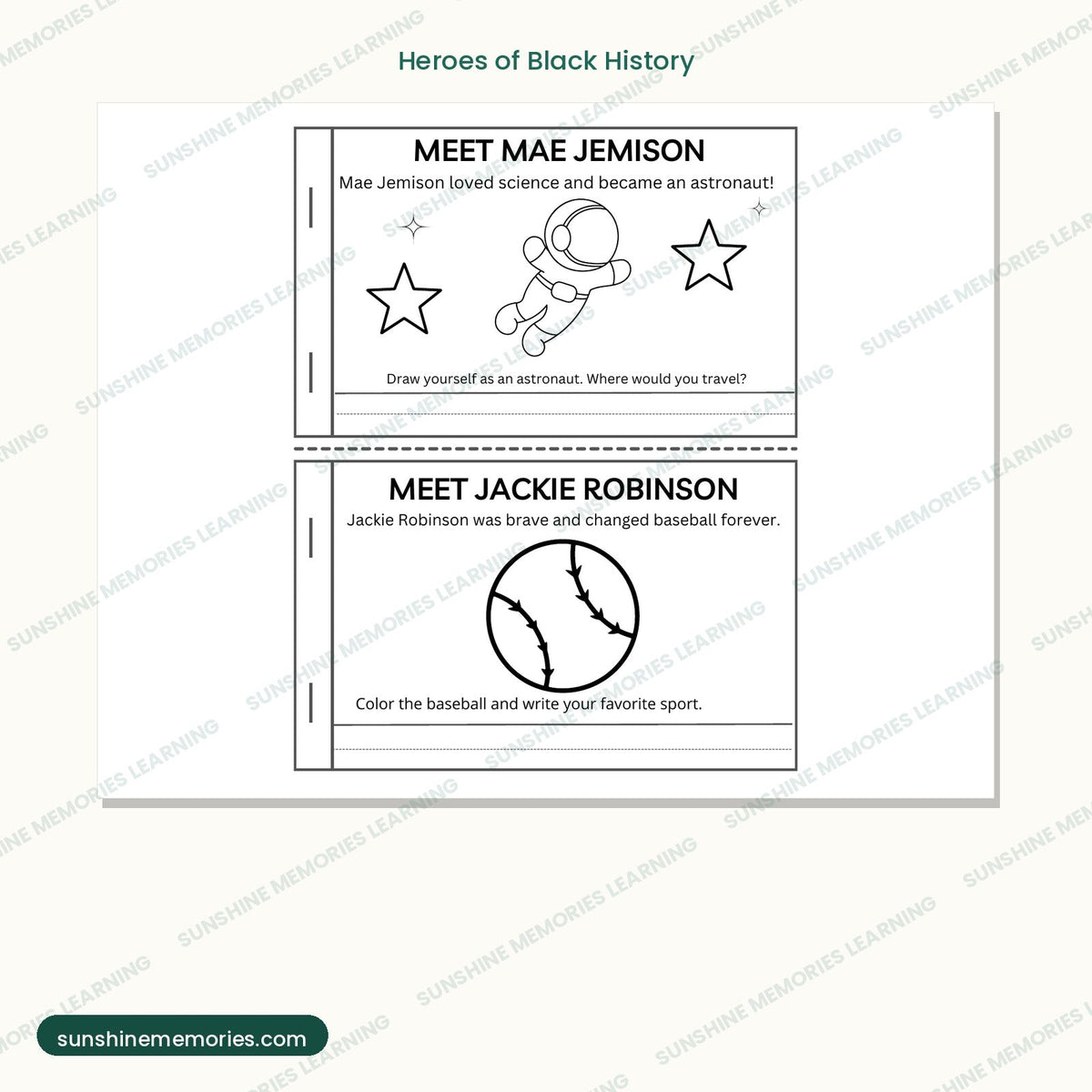 Heroes of Black History pages featuring Mae Jemison and Jackie Robinson