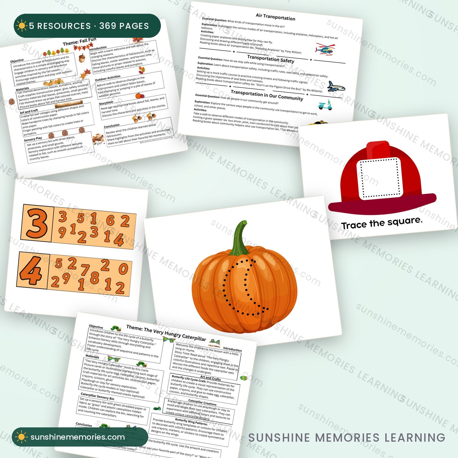 Pages from all five resources in the Complete Preschool Year bundle - 369 pages total
