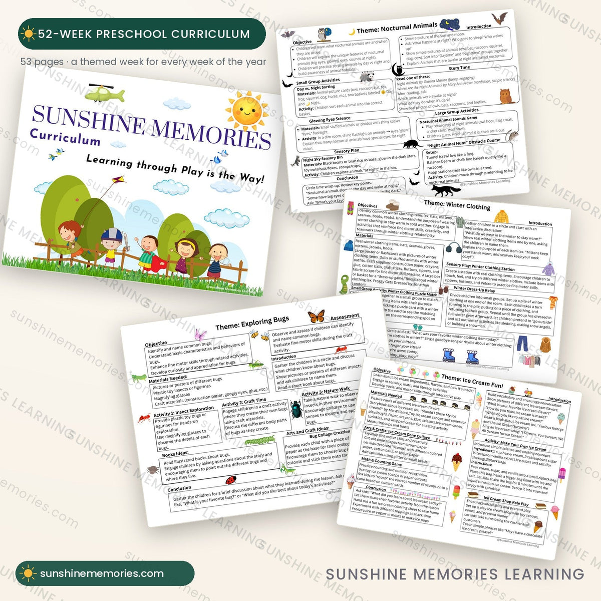 52-Week Preschool Curriculum - five themed weekly lesson pages including nocturnal animals, winter clothing and exploring bugs
