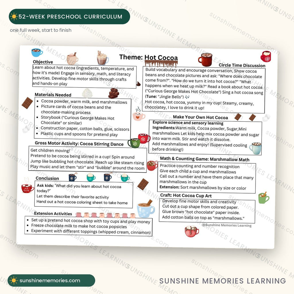 A single full week from the 52-Week Preschool Curriculum shown large, with objective, materials and a full day of activities