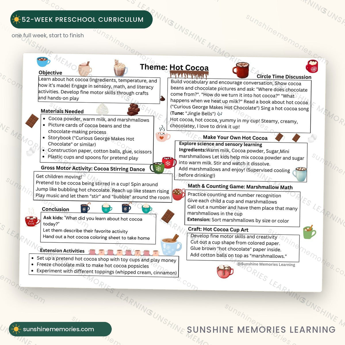 A single full week from the 52-Week Preschool Curriculum shown large, with objective, materials and a full day of activities