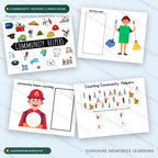 Community Helpers Curriculum - four pages covering lesson plans, science experiments and worksheets