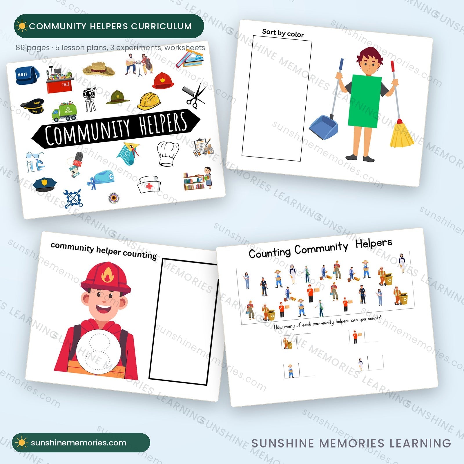 Community Helpers Curriculum - four pages covering lesson plans, science experiments and worksheets