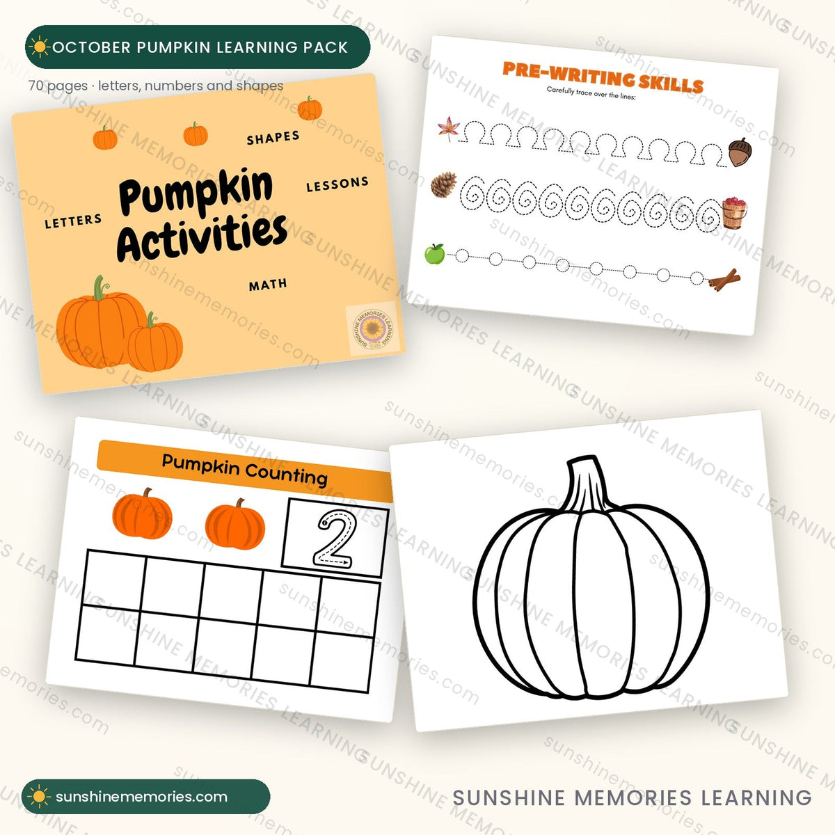 October Pumpkin Learning Pack - four pages of letters, numbers and shapes activities