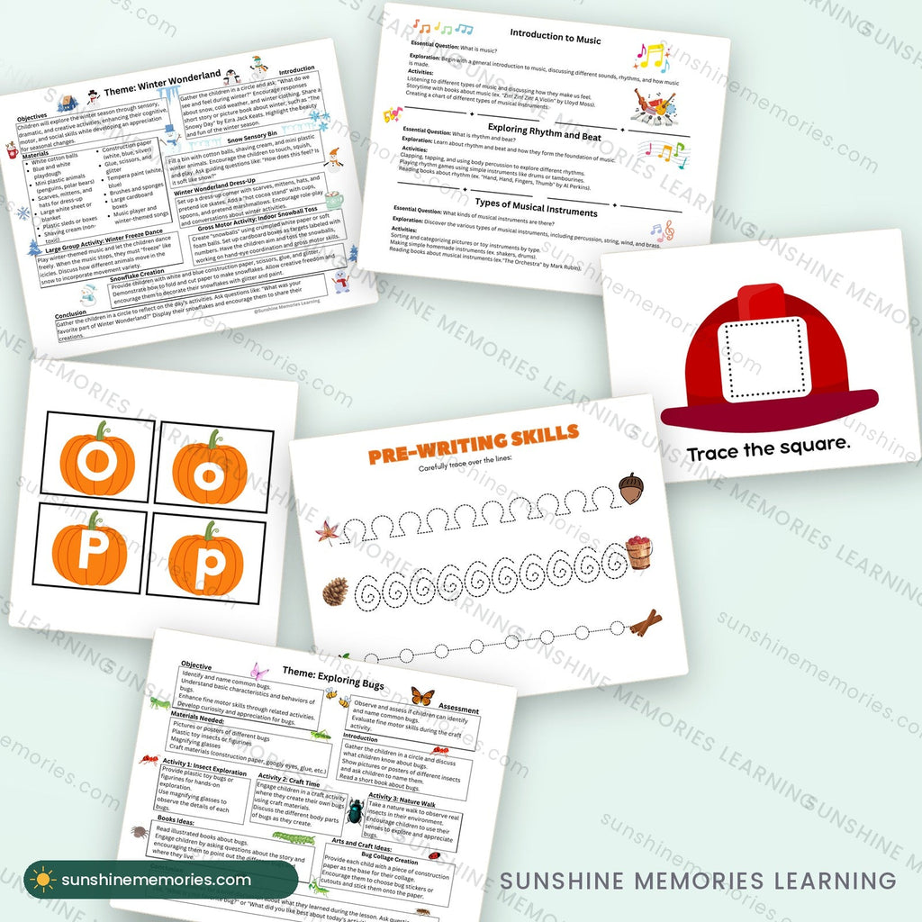 Pages from all six resources in the Complete Preschool Year bundle, including lesson plans, unit guides and activity pages