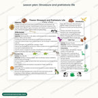 Dinosaurs and prehistoric life lesson plan page with STEM, dramatic play and table toy activities