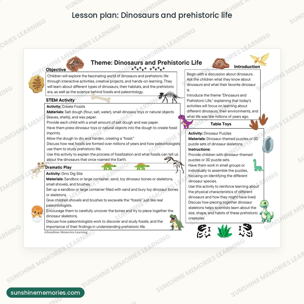 Dinosaurs and prehistoric life lesson plan page with STEM, dramatic play and table toy activities