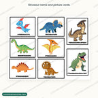Dinosaur name and picture cards, including triceratops, stegosaurus and tyrannosaurus rex