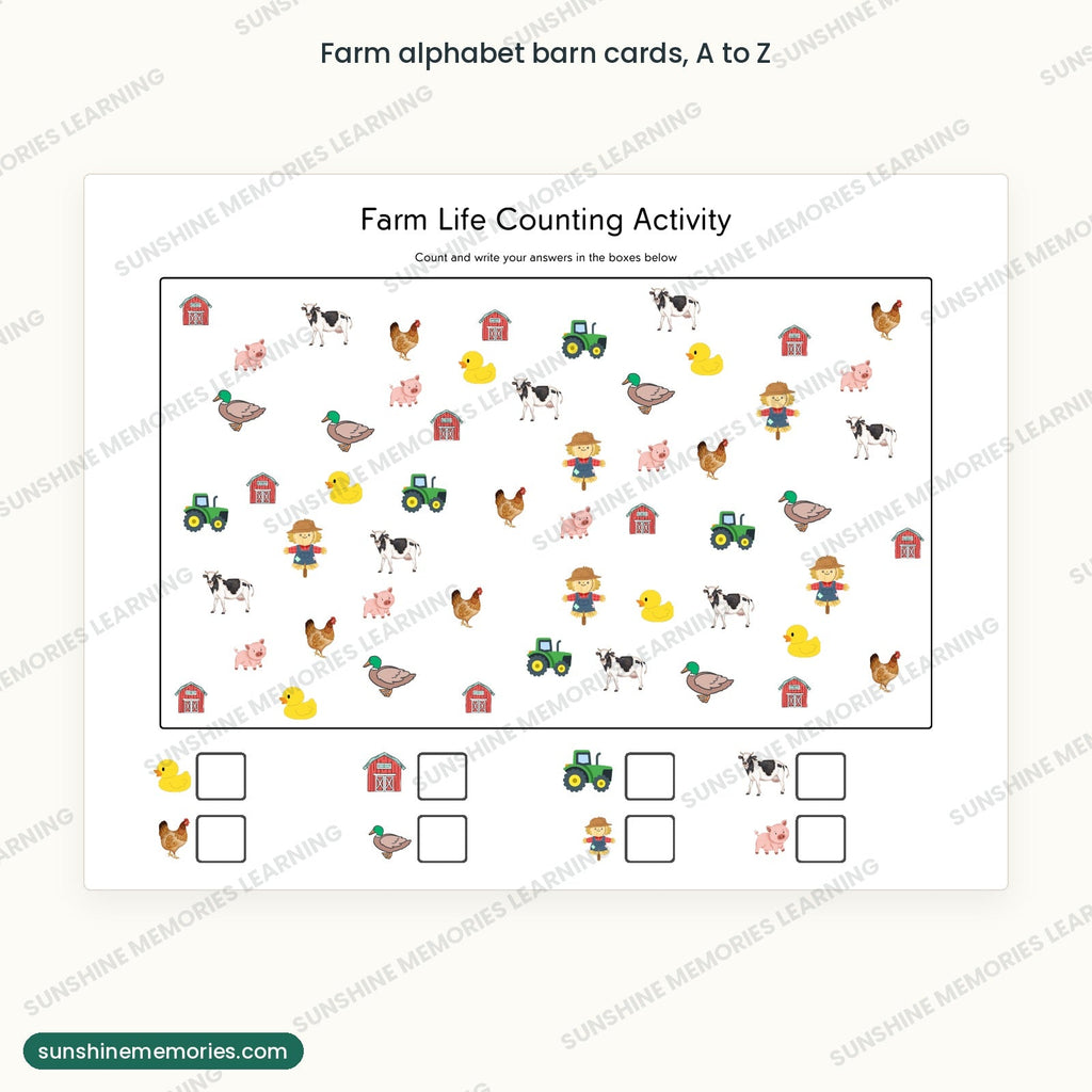 Farm alphabet barn cards, A to Z, upper and lower case