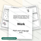 First Grade Morning Work cover page with worksheet pages fanned behind it: 21-page printable pack from Sunshine Memories Learning