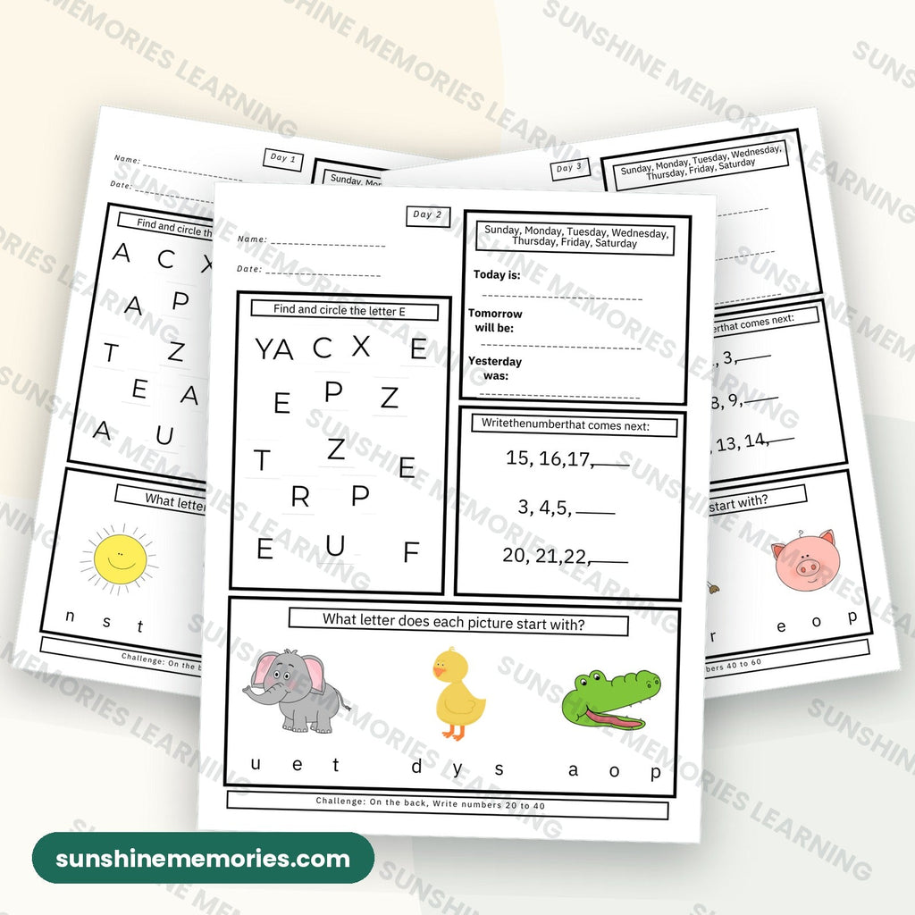 Days 1 to 3 morning work pages: find and circle the letter, calendar practice, what number comes next, and beginning sounds
