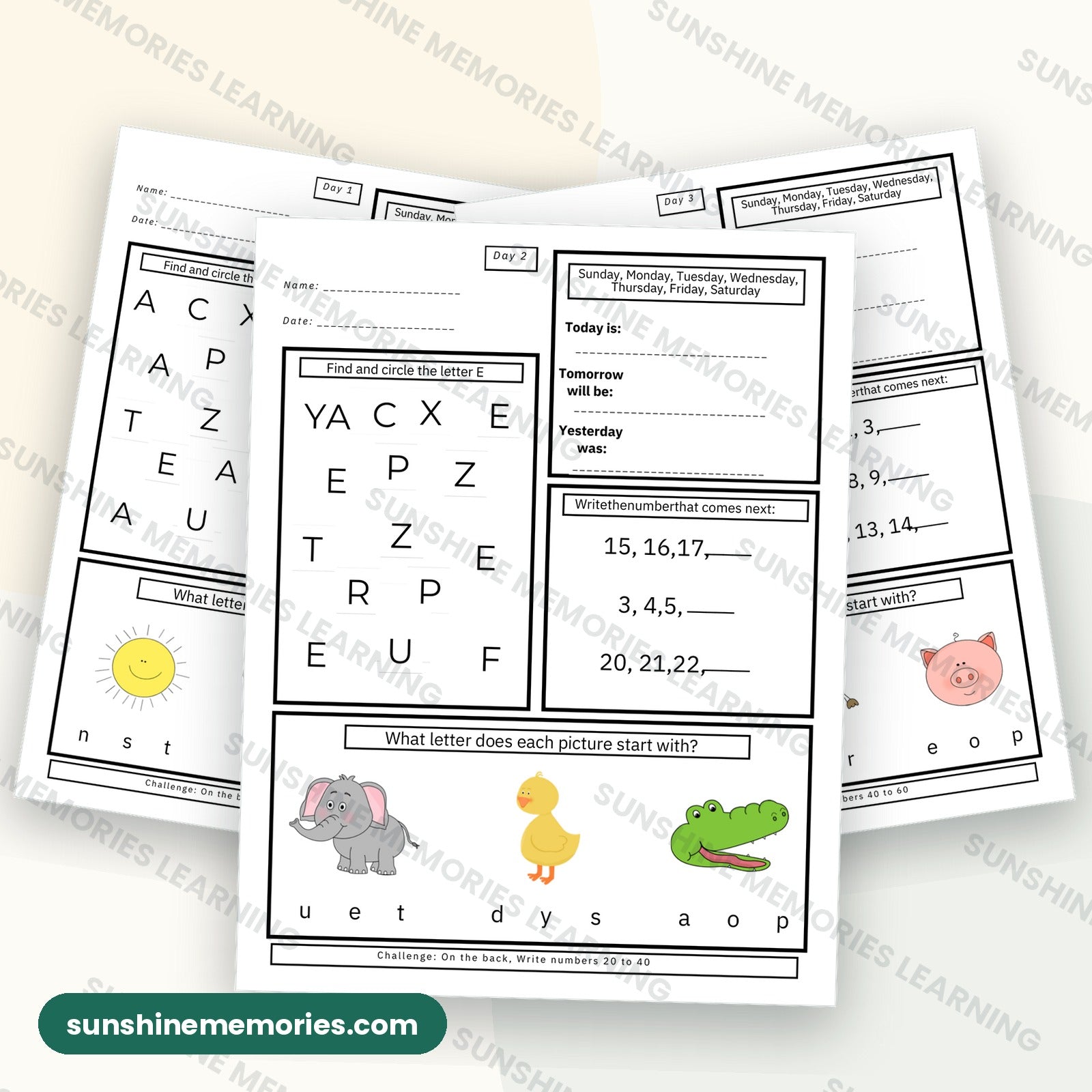 Days 1 to 3 morning work pages: find and circle the letter, calendar practice, what number comes next, and beginning sounds