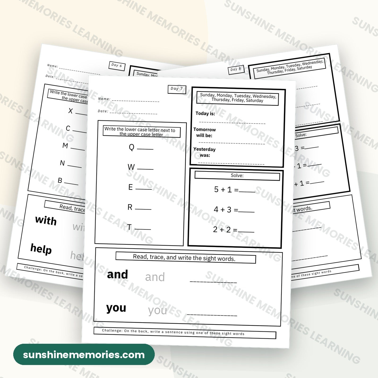 Days 6 to 8 morning work pages: uppercase to lowercase letter matching, addition to 10, and read-trace-write sight words