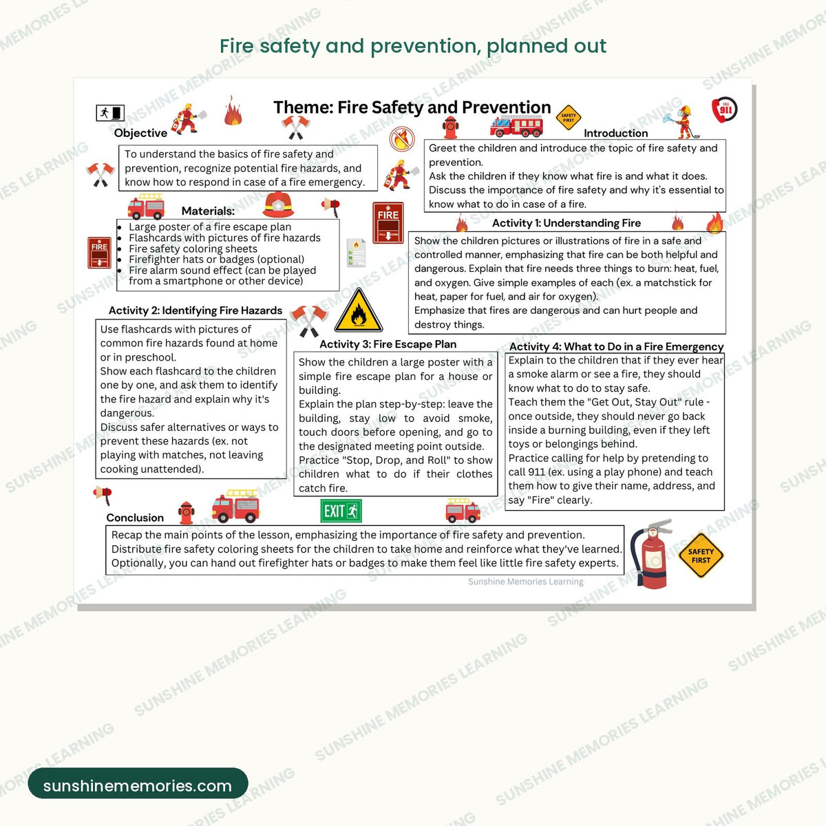 The fire safety and prevention lesson plan, with hazards, escape plan and emergency drill
