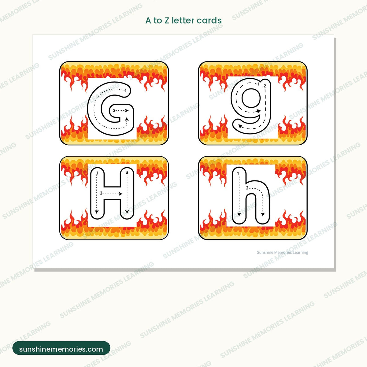 Flame-bordered alphabet cards for letter tracing, A to Z