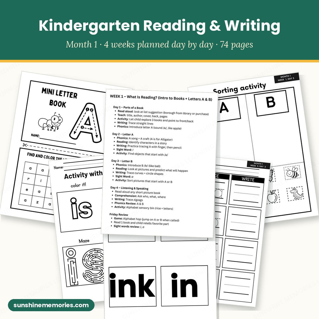 Kindergarten ELA Month 1: 74 pages of day-by-day reading and writing plans and printables