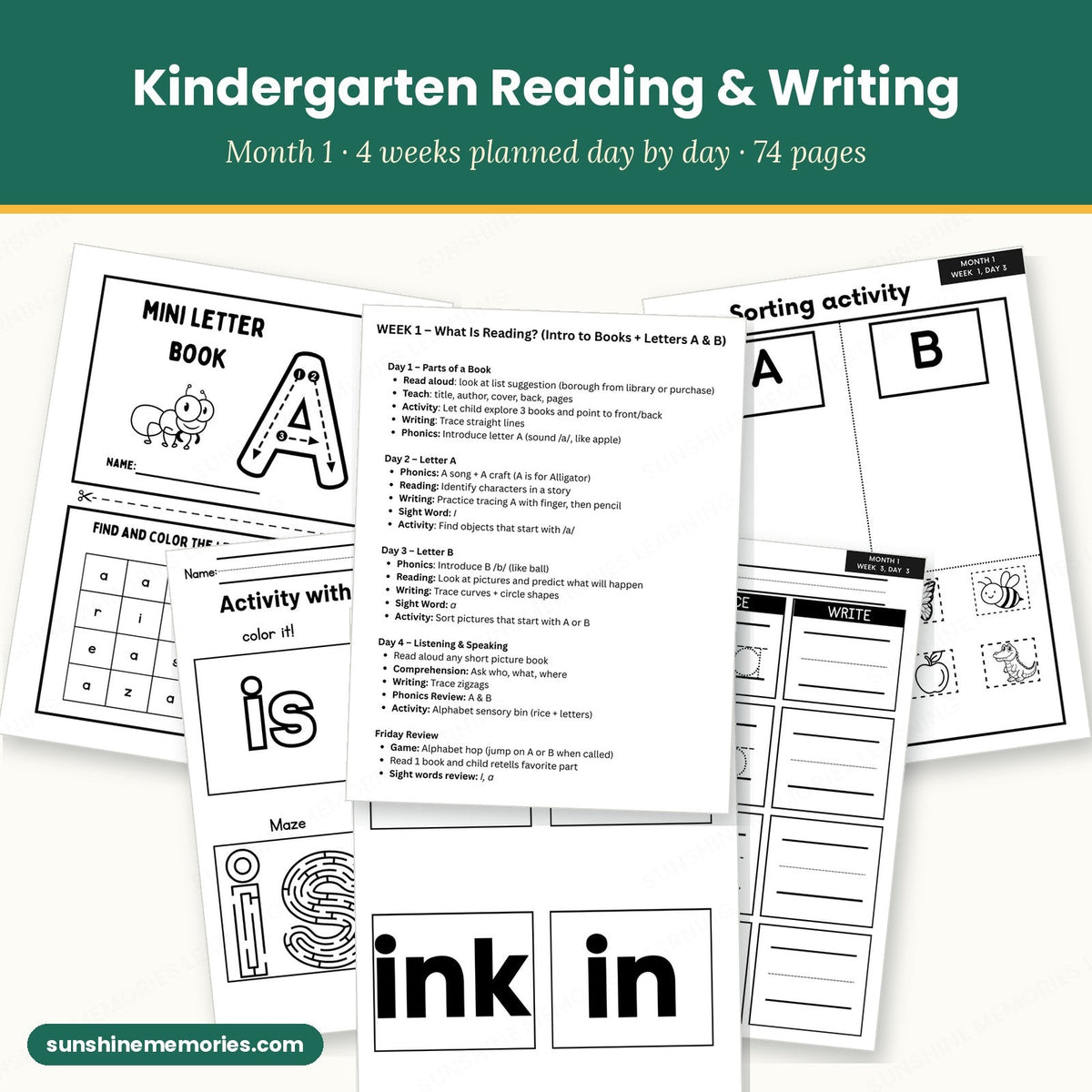 Kindergarten ELA Month 1: 74 pages of day-by-day reading and writing plans and printables