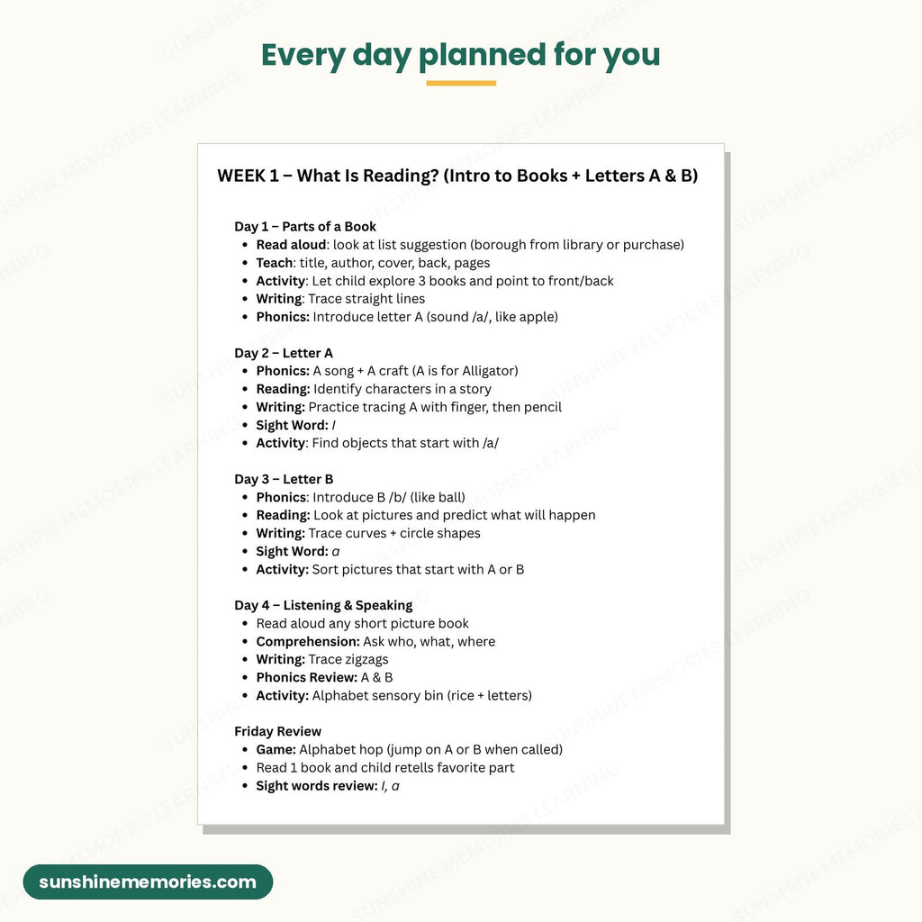 The Week 1 plan: what to teach on each day, with phonics, reading, writing, sight word and activity