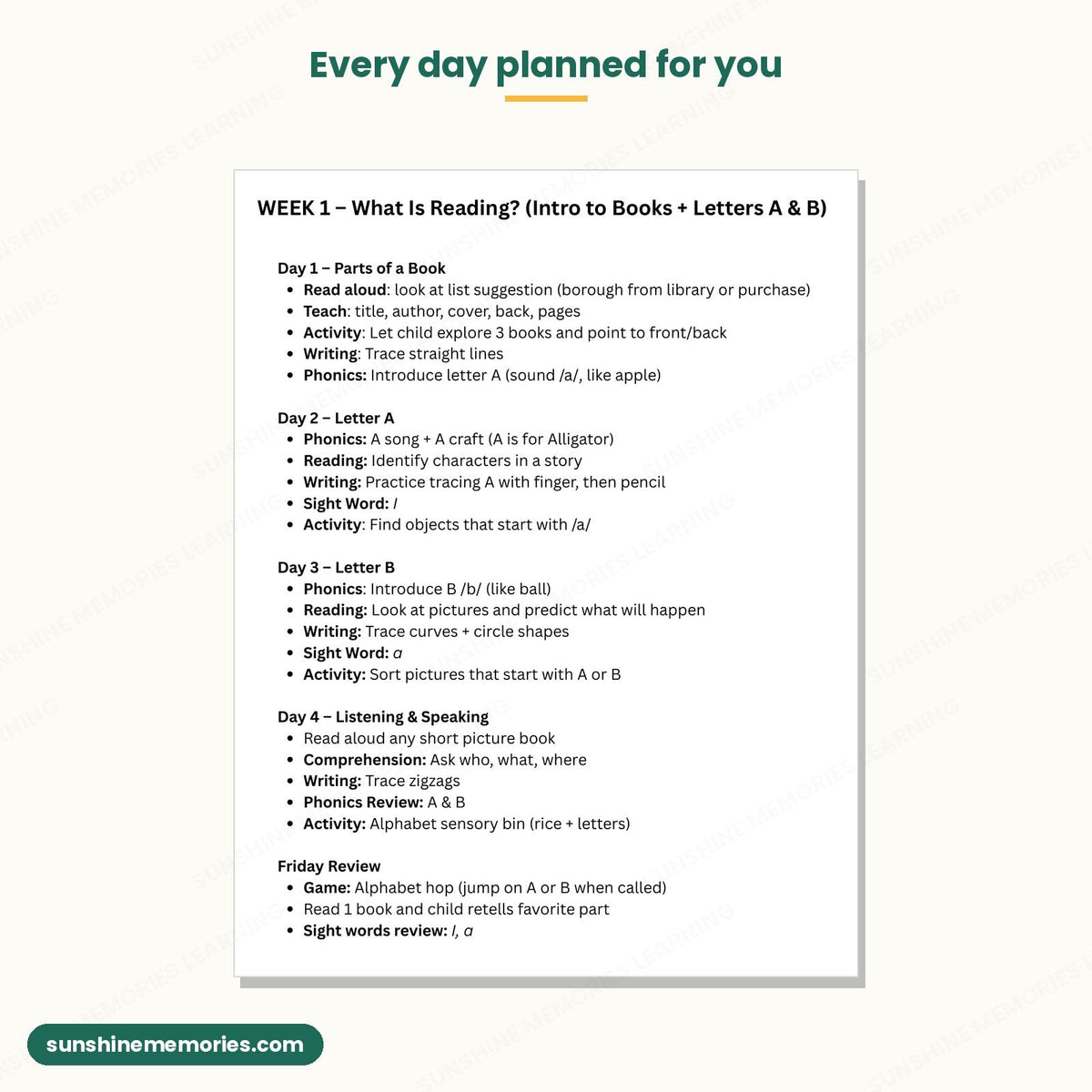 The Week 1 plan: what to teach on each day, with phonics, reading, writing, sight word and activity