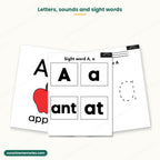 Letter A picture card, letter A tracing page and sight word a cards