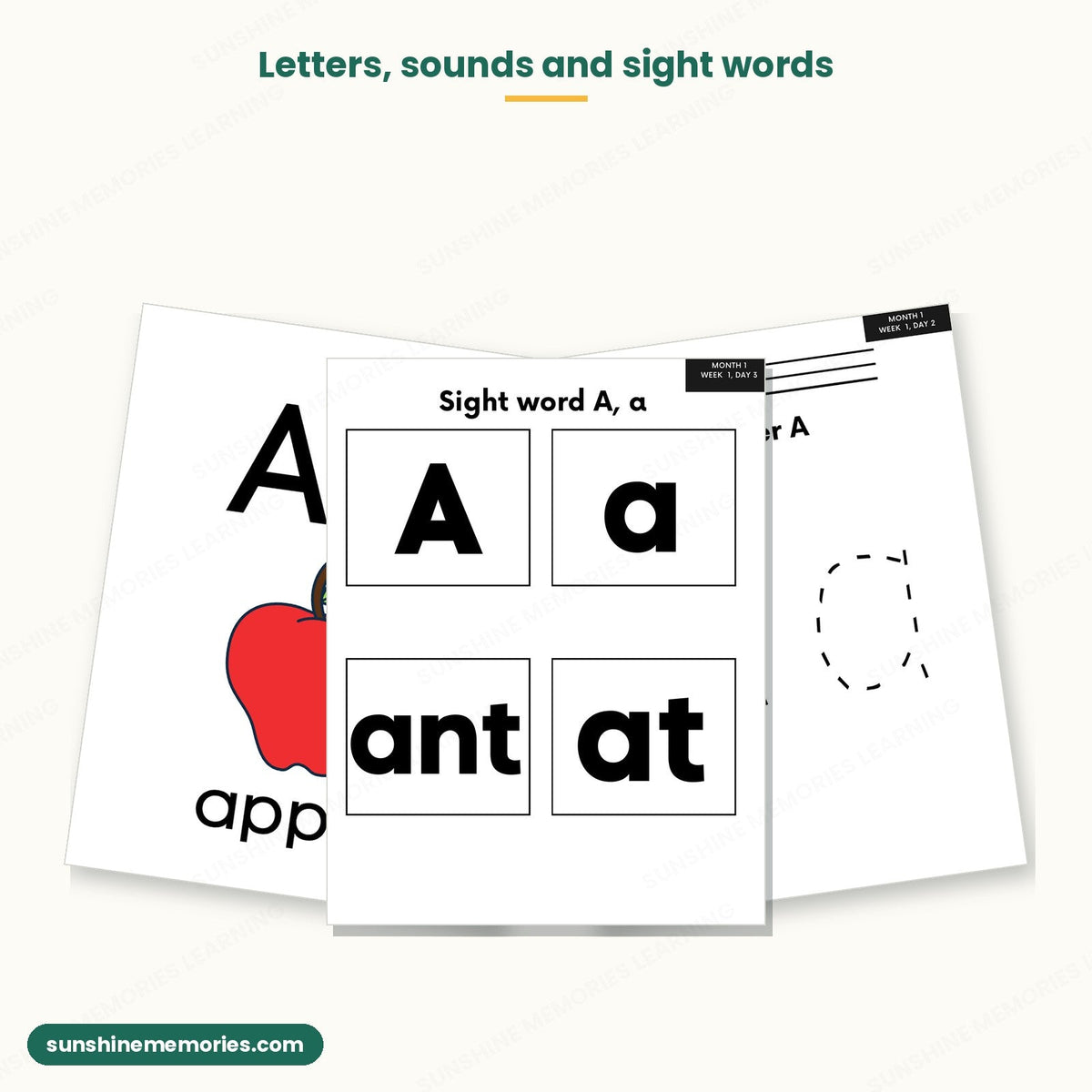 Letter A picture card, letter A tracing page and sight word a cards