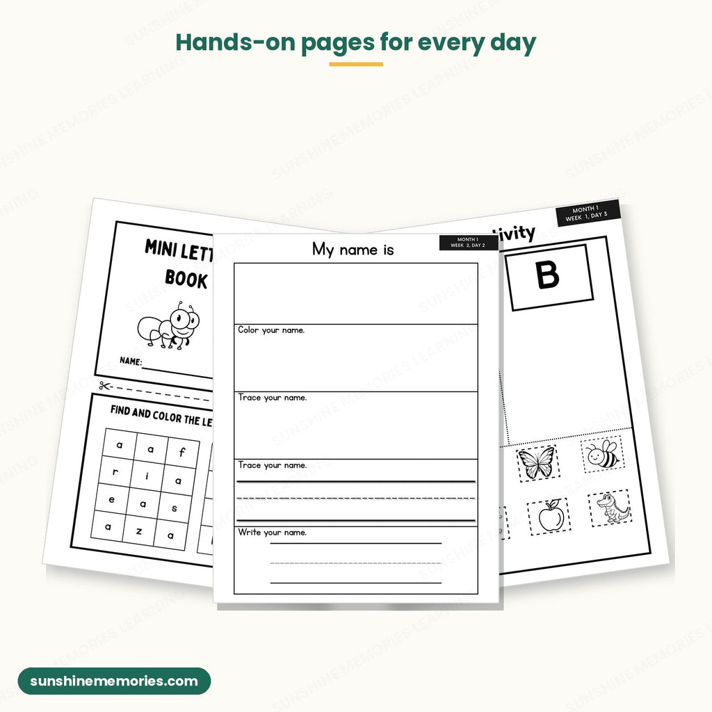 Mini letter book, name practice page and A or B picture sorting activity